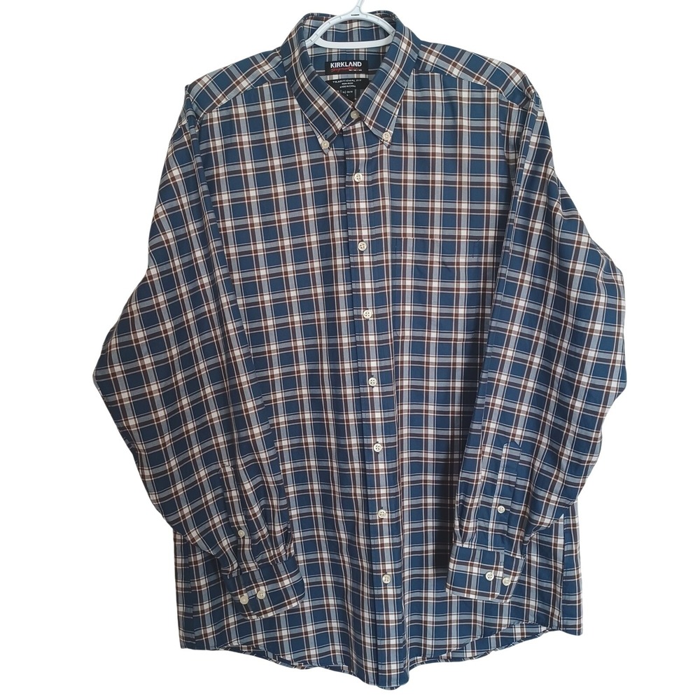 Kirkland Signature Men Blue Brown Plaid Non-Iron Cotton Dress Shirt 16.5 34/35 L
